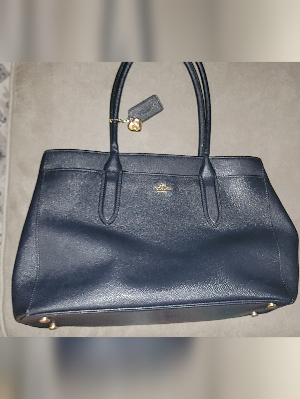 Coach Dark Navy Leather Structured Tote with Gold Coach Charm